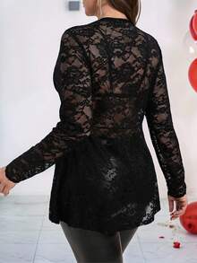 SHEIN Clasi Áo thun dài tay màu đen ren xuyên thấu gợi cảm, cỡ lớn, thích hợp cho kỳ nghỉ xuân, kiểu dáng thanh lịch. - màu đen - Xem 6