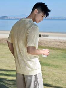 DAZY Áo thun nam màu be trơn, chất liệu vải dệt họa tiết, thoáng khí, khoét lỗ, thích hợp cho mùa hè. - Màu be - Xem 3