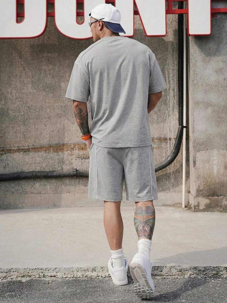 Grey Round Neck T-Shirt & Men's T-Shirt Set, Summer