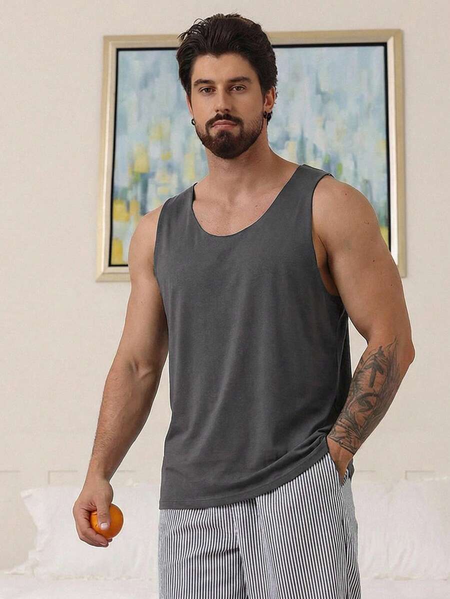 DAZY 男士纯灰色无缝家居服上衣，夏季款 - 灰色 - 查看 1