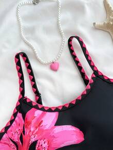 Tween Girls Random Ditsy Floral Bikini Set, Bright Fuchsia Camisole Bikini With Shell Trim, Summer Beach Backless Camisole Swimsuit Set, Beach Vacation Swimwear - Black - View 7