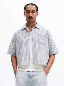 SUMWON 修身格纹短袖衬衫，带胸袋，休闲夏季周末男装，适合办公室穿着 - 藍白色 - 查看 1