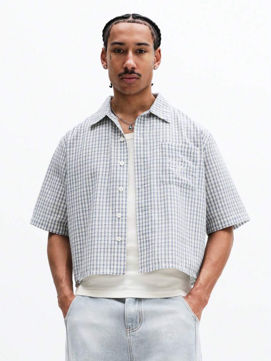 SUMWON 修身格纹短袖衬衫，带胸袋，休闲夏季周末男装，适合办公室穿着 - 藍白色 - 查看 1