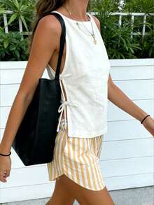 INAWLY 女士亚麻质感侧系带时尚休闲沙滩吊带衫 - 白色 - 查看 3