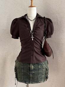 Attitoon Deep Brown V-Neck Vintage Blouse, Waist Cinching Slimming Design Women's Shirt - Brown - View 1