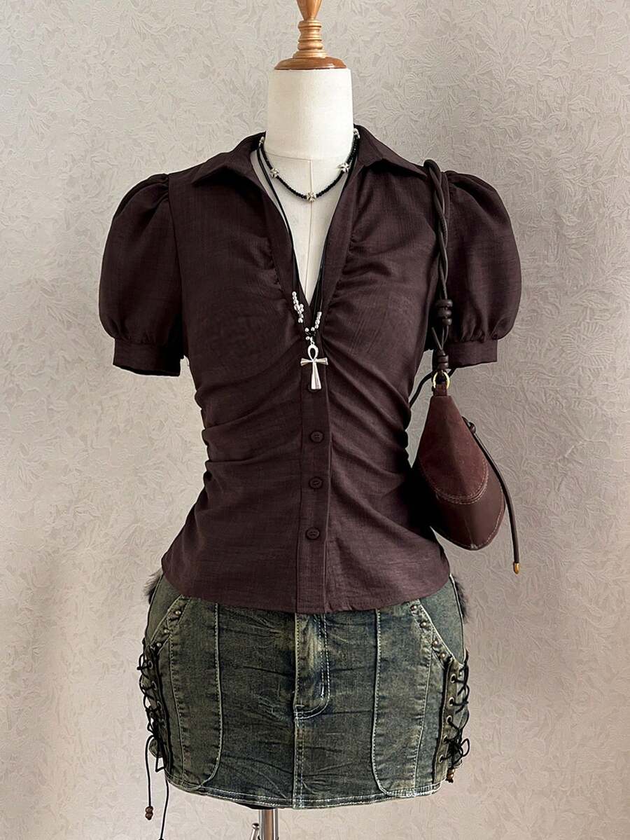 Attitoon Deep Brown V-Neck Vintage Blouse, Waist Cinching Slimming Design Women's Shirt - Brown - View 1