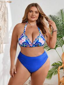 SHEIN CURVE+ Bộ bikini cỡ lớn mùa hè in họa tiết ngẫu nhiên gồm áo ngực và quần, kiểu dáng thon gọn và tối giản cho kỳ nghỉ hè và đi biển, trang phục đi nghỉ mát cho nữ, trang phục đi biển cho nữ, đồ bơi cỡ lớn. - Màu xanh lam - Xem 4