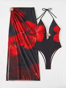 Swim Oasis 女士碎花裙泳衣，分体印花连体泳衣套装，配有网纱长裙和金属花瓣装饰 - 彩色 - 查看 6