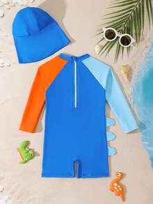 男婴泳装，休闲蓝色恐龙印花针织连体泳衣，配泳帽，时尚优雅，适合游泳、夏季度假、海滩、泳池、节日派对等场合。 - 藍色 - 查看 2