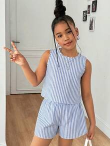 SHEIN 两件套少女休闲日常蓝色条纹蝴蝶结露背背心和短裤套装 - 藍色 - 查看 4