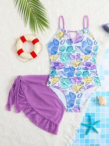 少女爱心印花泳衣套装，含网纱裙，两件套，时尚休闲 - 彩色 - 查看 3