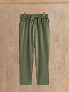 Manfinity VCAY Men's 2 Piece Linen Outfit,Summer Casual Holiday Vacation Army Green Pants Set,Stand Collar Short Sleeve Button Down Shirt & Drawstring Trousers Set - Apricot - View 12