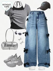 SHEIN Quần jeans ống rộng rách rưới thêu họa tiết thời trang dành cho nữ tuổi teen, chất liệu denim mài kiểu cổ điển, màu xanh lam trung bình, phù hợp cho mùa xuân, hè, thu và đông. - Rửa nhẹ - Xem 7