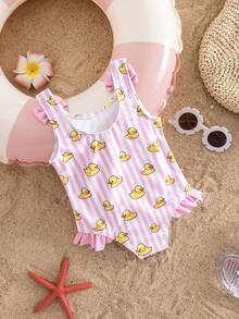 SHEIN This One-Piece Baby Girl Sleeveless Swimsuit Features A Cute And Versatile Duck Pattern, Perfect For Casual Vacations And Spring/Summer.
