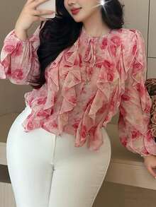 Vibekara Casual Elegant Romantic Rose Ruffle Trim Loose Fit Flattering Plus Size Women Blouse, Pink