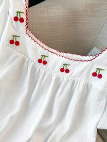 GlowEve CURVE Plus Size Women's French Square Collar Cherry Embroidery Ruffle Trim Contrast Color Lantern Sleeve Blouse, Suitable For Spring/Summer - White - View 5