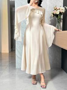 DAZY Women's Elegant Patchwork Ruffle Flare Sleeve Mid-Length Dress, Spring/Summer Wedding Guest Dress - Beige - View 4