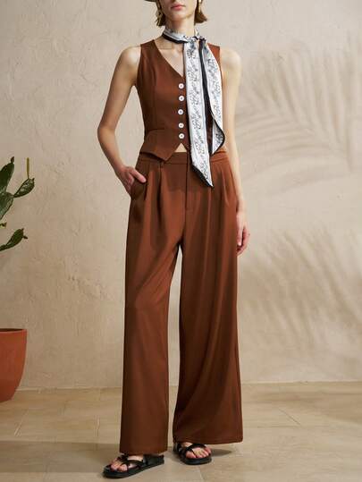 Airaco Women's Elegant Modern Solid Color V-Neck Single-Breasted Vest And High-Waisted Wide-Leg Suit Pants Two Pieces Set, Elegant Commuter Suit, Business Casual Suit, Vest Suit