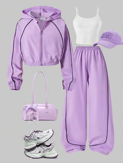 Sparklyn 3 pièces/Set Tenue décontractée pour préadolescentes, comprenant : Veste courte à capuche zippée avec bordure côtelée, Débardeur blanc et Pantalon large, Ensemble automnal