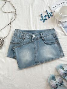 Elamini Women's Asymmetric Hem Pocket Casual Denim Skorts - Light Wash - View 1