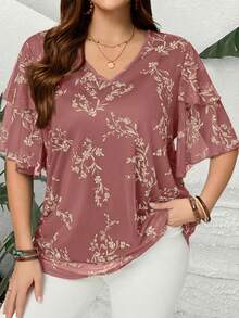EMERY ROSE Blus Tunik Lengan Pendek Berkerut Leher V Motif Bunga Dusty Rose Ukuran Plus untuk Wanita, Atasan Kasual Elegan untuk Liburan Musim Semi Sehari-hari di Musim Panas - Merah - View 1