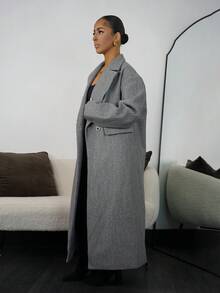 SAYEHFBABY 女士纯色翻领长袖休闲长外套，秋冬 - 灰色 - 查看 5