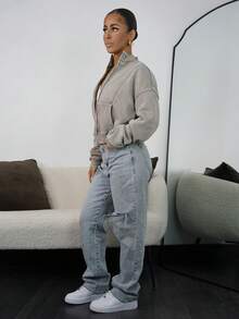 SAYEHFBABY 水洗拉链夹克卫衣运动套装缝线细节返校秋冬舒适圣诞可爱休闲日常胶囊衣橱Y2K街头风 - 棕色 - 查看 6