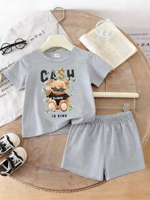 SHEIN Playful Pals 男婴两件套服装，可爱小熊印花短袖T恤搭配简约短裤，适合夏季外出穿着 - 灰色 - 查看 3