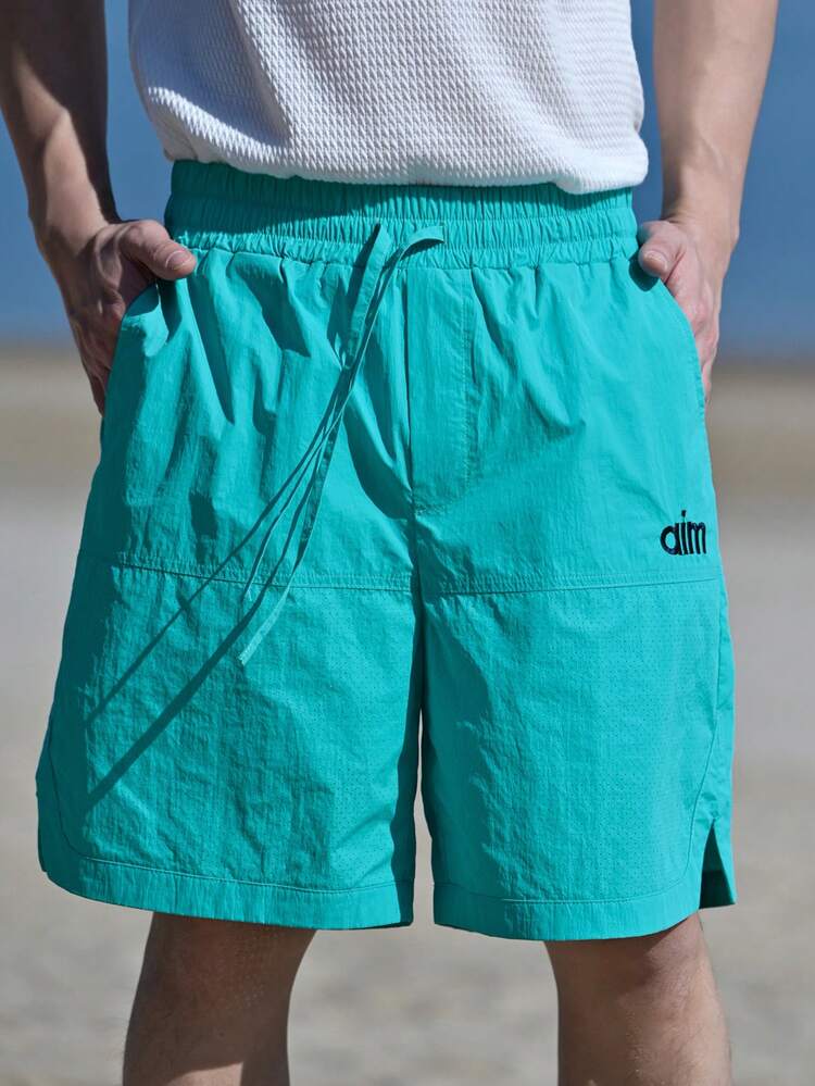 Men's Blue Letter Embroidery Mesh Lining Casual Shorts, Summer