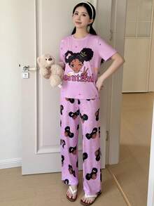 SHEIN 少女卡通印花针织短袖上衣和睡裤睡衣套装 - 粉色 - 查看 7