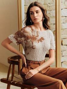 Anewsta Women's Elegant Top, Placement Print Pleated Loose T-Shirt - Apricot - View 7