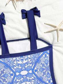 Retro Print Tween Girls One-Piece Swimsuit - Blue and White - View 7