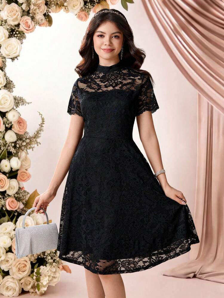 SHEIN Pitira Women's Black Lace Trim Sheer Mini Dress,Elegant Summer Cocktail Dress For Teen Girls Graduation,Party,Birthday,Wedding,Homecoming & Flower Girl