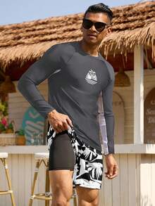 Manfinity KASUA 2pcs Men's Simple Print Long Sleeve Top And Shorts Set - Multicolor - View 3