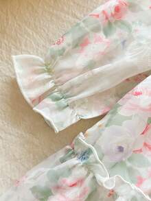 SHEIN Vintaside Kids 女童优雅公主风荷叶边领泡泡袖提花刺绣双层荷叶边下摆宽松公主裙，适合度假、旅行、派对、送礼、春秋季穿着。 - 粉色 - 查看 9