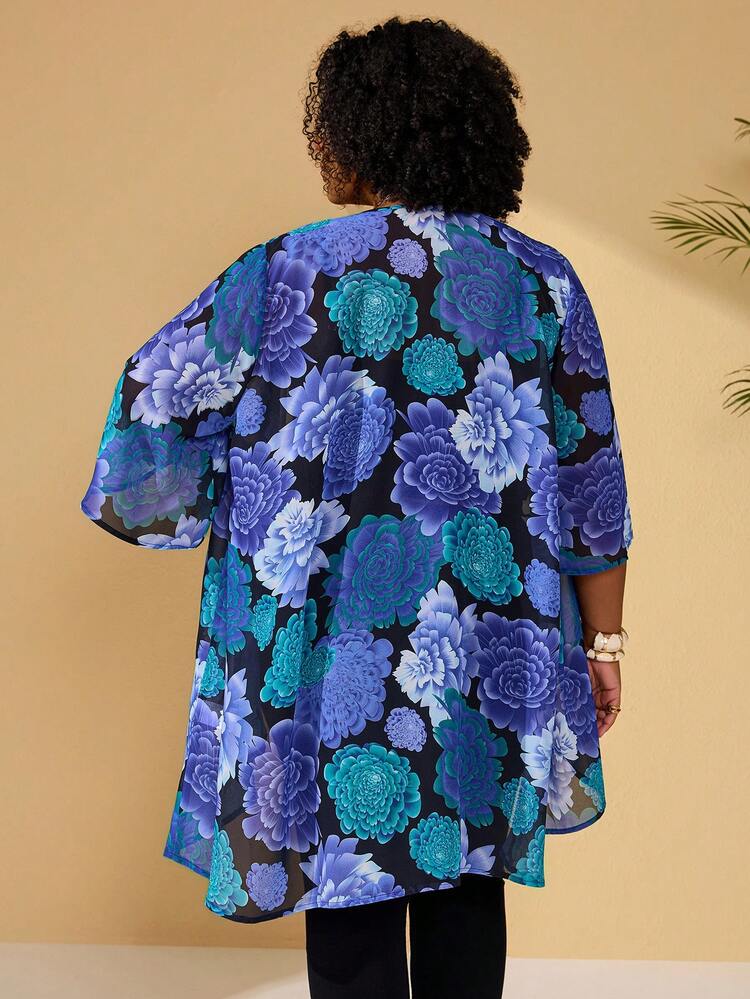 Plus Size Women's Summer Casual Vacation Floral Print Casual Vacation Jacket,Flower Print, Early Spring,Spring Break, Vacation Women, Holiday For Women,Spring Women,Going Out,2026 New,Simple And Fashionable For Everyday Wear, Curve Kimono, Plus Size Kimono, Summer Cardigan Plus Size, Plus Size Cardigans
