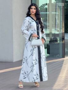 Yasmyna 女士花卉撞色蕾丝V领长袖优雅阿拉伯连衣裙 - 彩色 - 查看 4