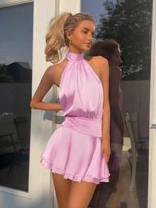 SHEIN EZwear 女士纯色领带腰部褶皱迷你连衣裙 - 粉色 - 查看 3