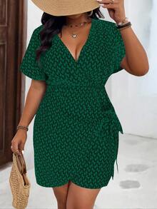 SHEIN Clasi 大码度假休闲印花系腰连衣裙 - 墨綠色 - 查看 4