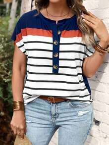 EMERY ROSE New Plus Size Women Fashion Printed Striped Casual Versatile Short Sleeve T-Shirt - Multicolor - View 3