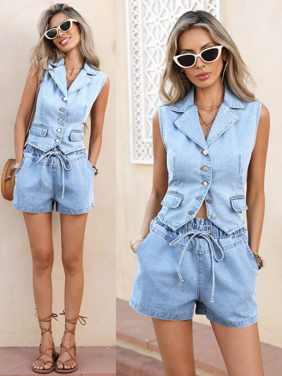 Selianne Women's Casual Front Button Sleeveless Denim Blouse - Blue - View 1