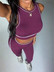Dewbera 女士圆领露脐背心和紧身裤无缝瑜伽运动套装 - 紫色 - 查看 6