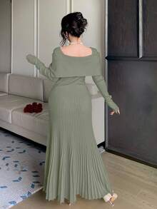 DAZY Đầm len nữ thanh lịch màu trơn cổ vuông bất đối xứng, thích hợp cho mùa thu. - xanh quân đội - Xem 2