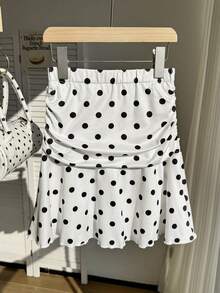 女童弹力腰波点印花针织半身裙，荷叶边裙摆，内置短裤衬里，优雅百搭，适合春夏穿着，居家、外出、派对等场合皆宜。 - 白色 - 查看 2