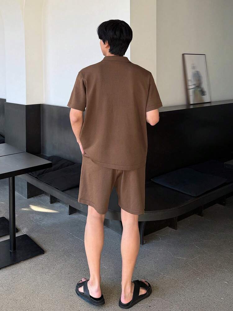 Men's Casual Brown Short Sleeve Polo Shirt And Shorts Set, Summer
