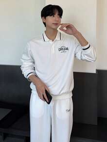 DAZY 男士字母印花拼接设计 Polo 衫套装，春秋季 - 白色 - 查看 8