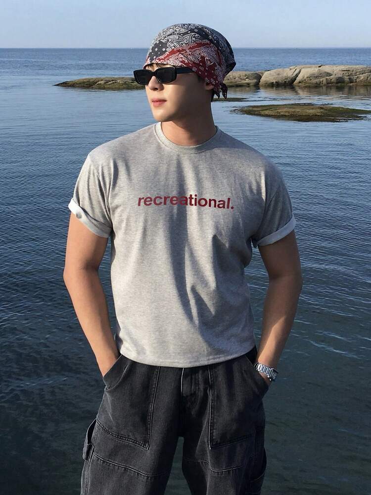 Men's Grey Letter Print Round Neck T-Shirt, Summer