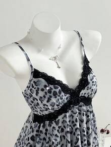 Elamini Yk2 Leopard Print Lace Trim Asymmetric Hem Women Tank Top - Grey - View 3