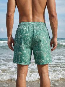 Manfinity Swimmode 男士热带植物印花抽绳腰带口袋休闲沙滩短裤 - 綠色 - 查看 2
