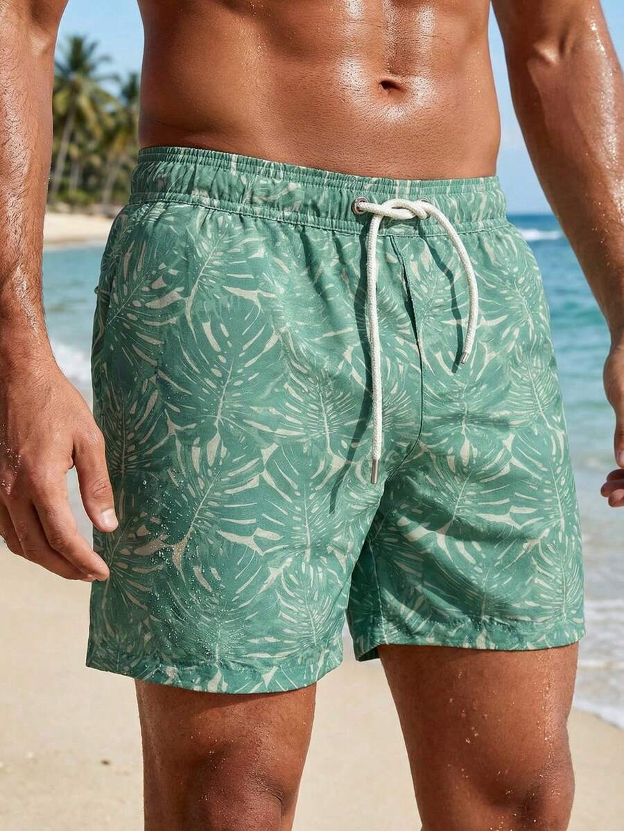 Manfinity Swimmode 男士热带植物印花抽绳腰带口袋休闲沙滩短裤 - 綠色 - 查看 1